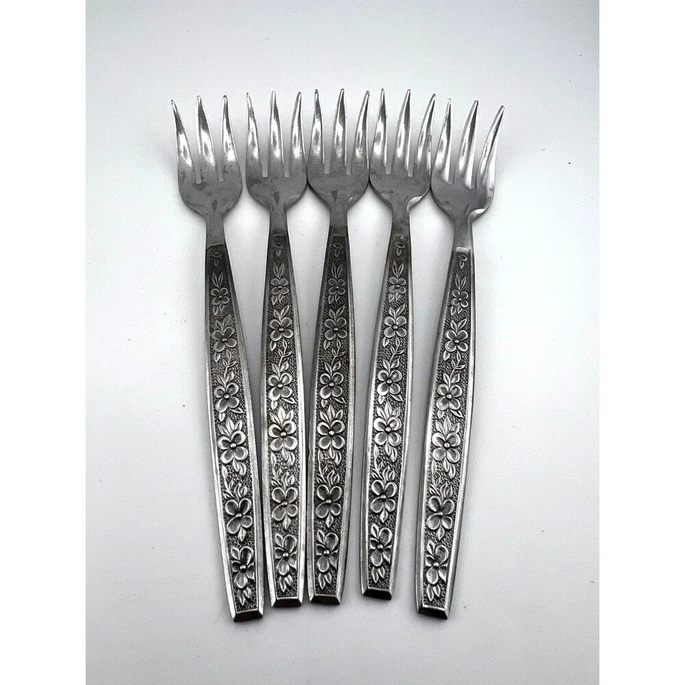 Vtg ROGERS Stainless 5pc Appetizer Hors D'oeuvre Seafood Forks Japan Floral